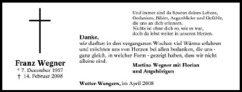 Traueranzeige von Franz Wegner 
