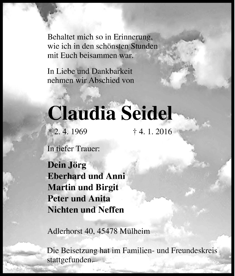  Traueranzeige für Claudia Seidel vom 18.01.2016 aus Tageszeitung