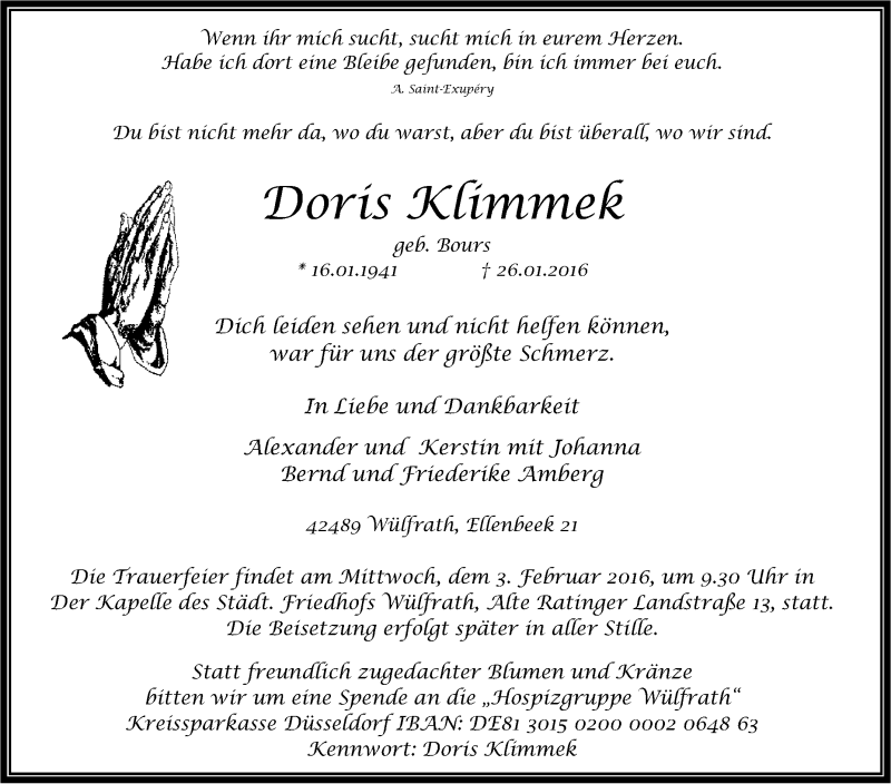 Traueranzeige für Doris Klimmek vom 30.01.2016 aus Tageszeitung