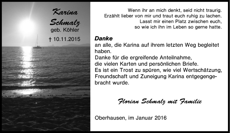  Traueranzeige für Karina Schmalz vom 08.01.2016 aus Tageszeitung