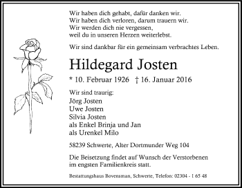 Traueranzeige von Hildegard Josten von Tageszeitung