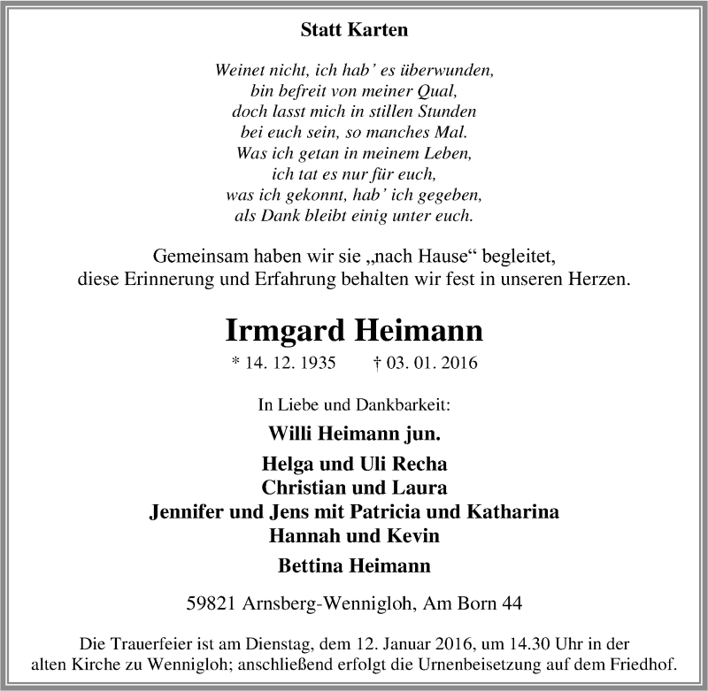  Traueranzeige für Irmgard Heimann vom 06.01.2016 aus Tageszeitung