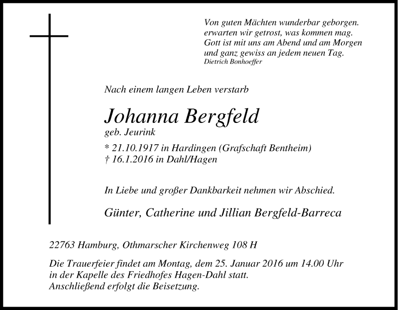  Traueranzeige für Johanna Bergfeld vom 22.01.2016 aus Tageszeitung