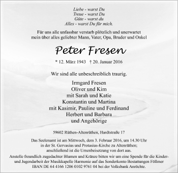 Traueranzeige von Peter Fresen von Tageszeitung