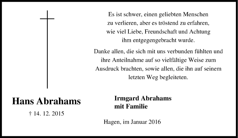  Traueranzeige für Hans Abrahams vom 23.01.2016 aus Tageszeitung