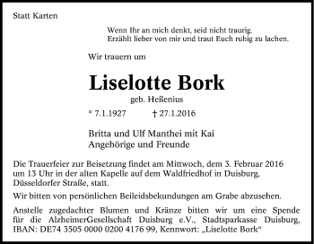 Traueranzeige von Liselotte Bork von Tageszeitung