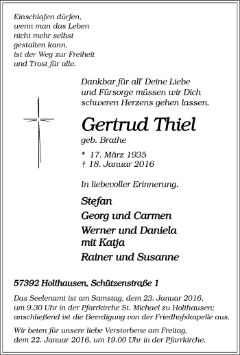 Traueranzeige von Gertrud Thiel von Tageszeitung