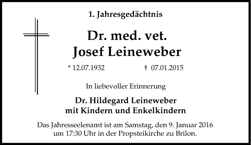  Traueranzeige für Josef Leineweber vom 08.01.2016 aus Tageszeitung