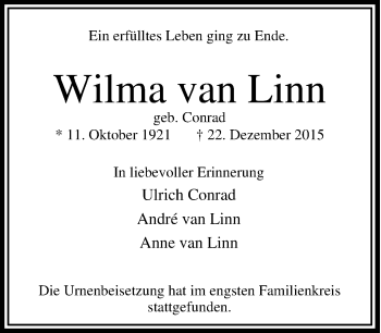 Traueranzeige von Wilma van Linn von Tageszeitung