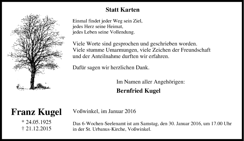  Traueranzeige für Franz Kugel vom 23.01.2016 aus Tageszeitung