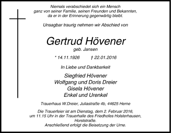 Traueranzeige von Gertrud Hövener von Tageszeitung