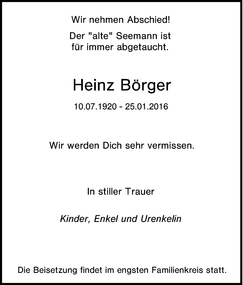  Traueranzeige für Heinz Börger vom 30.01.2016 aus Tageszeitung