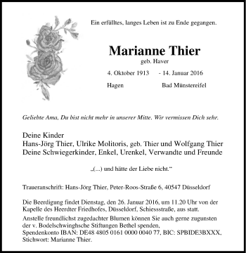 Traueranzeige von Marianne Thier von Tageszeitung