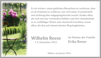 Traueranzeige von Wilhelm Reese von Tageszeitung