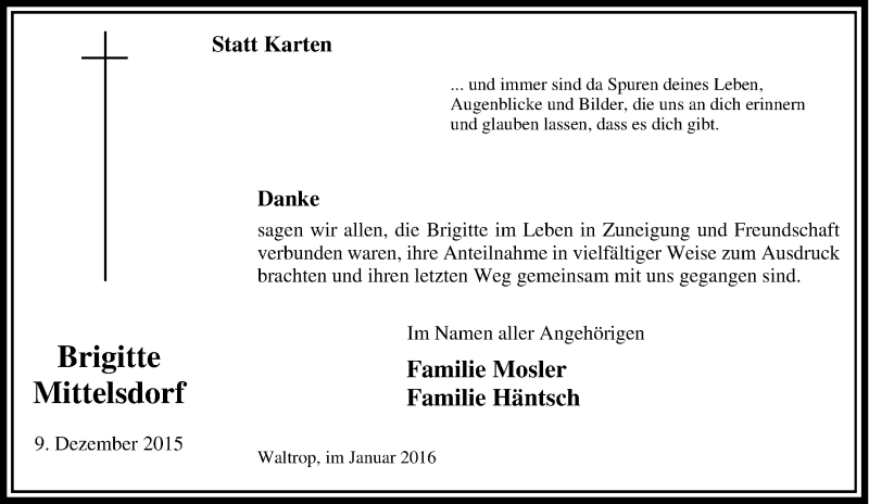  Traueranzeige für Brigitte Mittelsdorf vom 09.01.2016 aus Tageszeitung