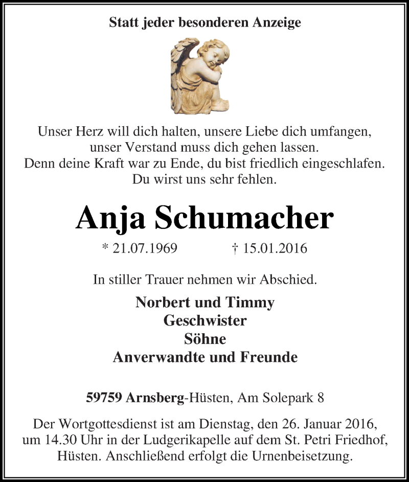  Traueranzeige für Anja Schumacher vom 20.01.2016 aus Tageszeitung