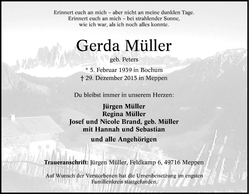 Traueranzeigen von Gerda Müller TrauerinNRW.de