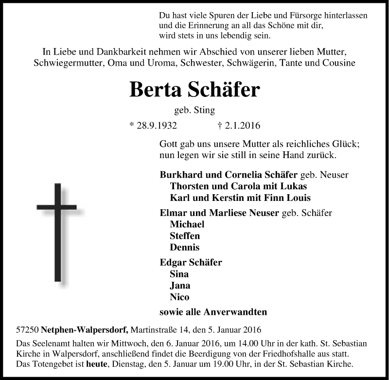  Traueranzeige für Berta Schäfer vom 05.01.2016 aus Tageszeitung