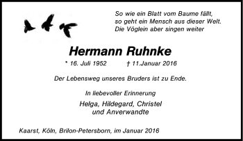 Traueranzeige von Hermann Ruhnke von Tageszeitung