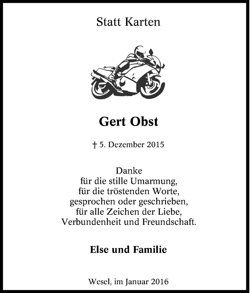  Traueranzeige für Gert Obst vom 09.01.2016 aus Tageszeitung