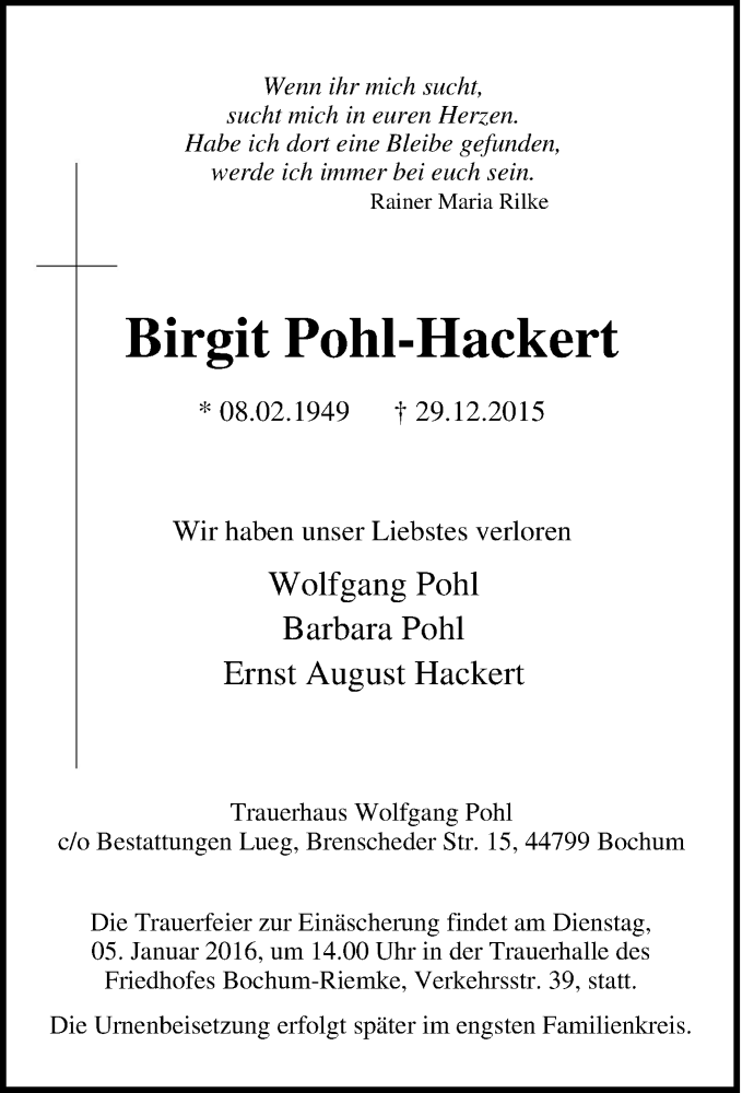 Traueranzeige für Birgit Pohl-Hackert vom 02.01.2016 aus Tageszeitung
