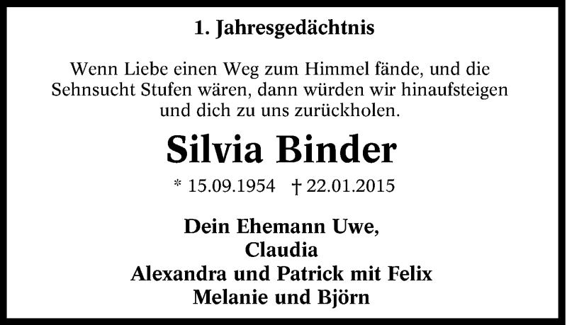  Traueranzeige für Silvia Binder vom 22.01.2016 aus Tageszeitung