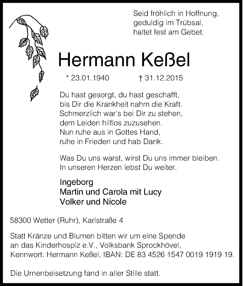  Traueranzeige für Hermann Keßel vom 13.01.2016 aus Tageszeitung