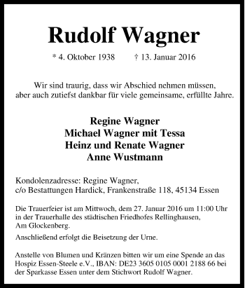 Traueranzeige von Rudolf Wagner von Tageszeitung