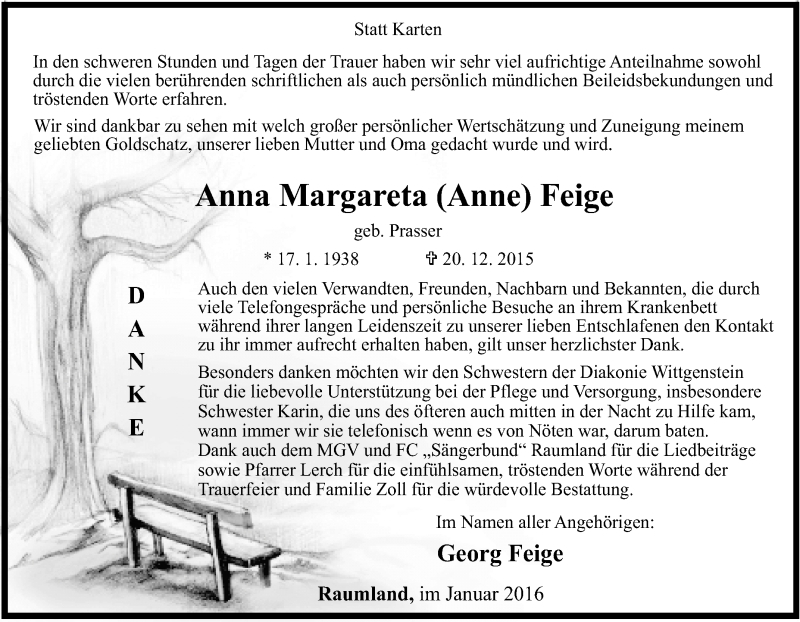  Traueranzeige für Anna Margareta Feige vom 30.01.2016 aus Tageszeitung