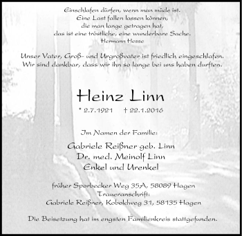 Traueranzeige von Heinz Linn von Tageszeitung