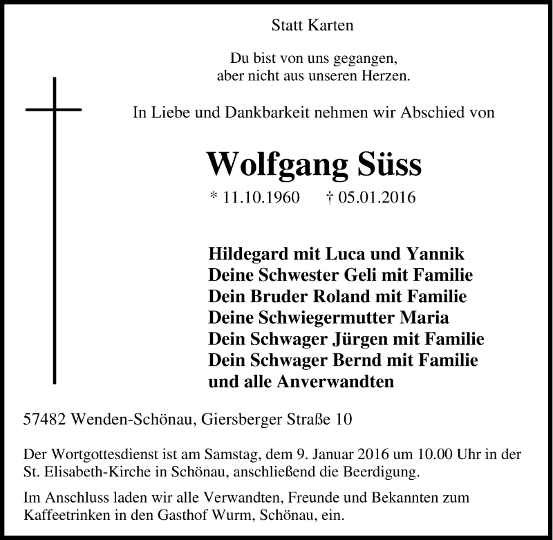  Traueranzeige für Wolfgang Süss vom 07.01.2016 aus Tageszeitung