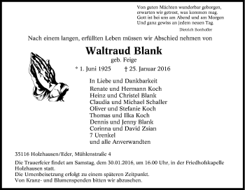 Traueranzeige von Waltraud Blank von Tageszeitung