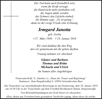Traueranzeige von Irmgard Janotta von Tageszeitung