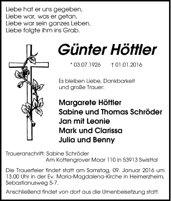 Traueranzeige von Günter Höttler von Tageszeitung