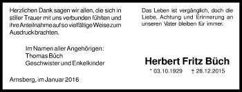 Traueranzeige von Herbert Fritz Büch von Tageszeitung