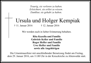 Traueranzeige von Ursula und Holger Kempiak von Tageszeitung