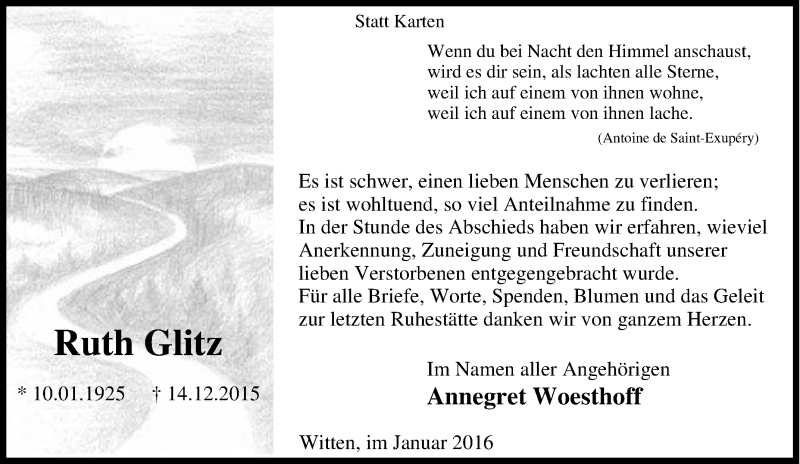  Traueranzeige für Ruth Glitz vom 16.01.2016 aus Tageszeitung