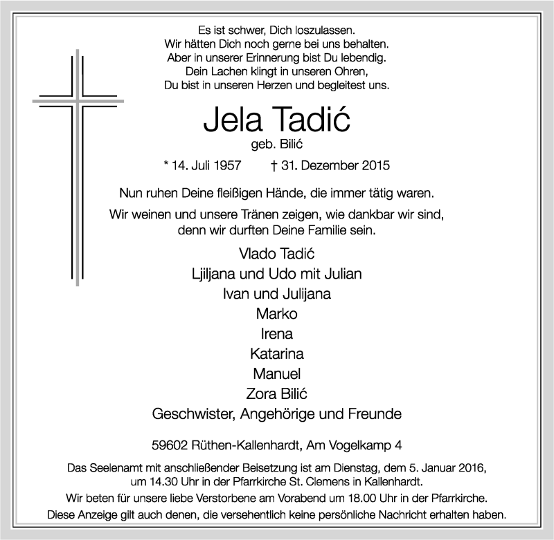  Traueranzeige für Jela Tadic vom 02.01.2016 aus Tageszeitung