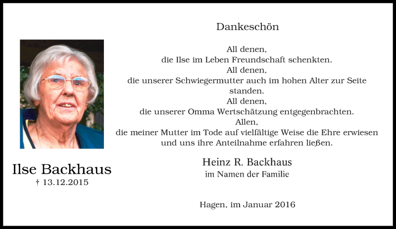  Traueranzeige für Ilse Backhaus vom 30.01.2016 aus Tageszeitung