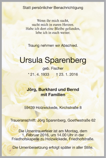 Traueranzeige von Ursula Sparenberg von Tageszeitung