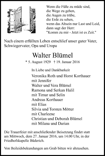 Traueranzeige von Walter Blümel von Tageszeitung