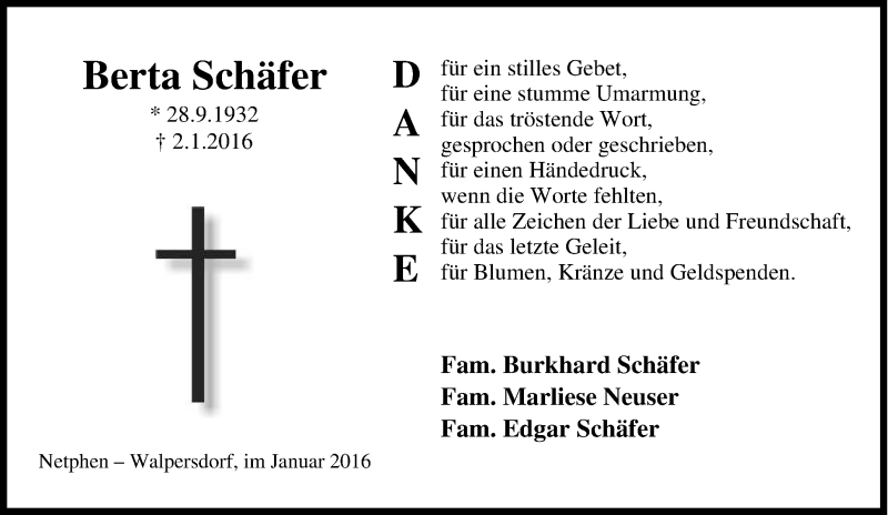  Traueranzeige für Berta Schäfer vom 30.01.2016 aus Tageszeitung