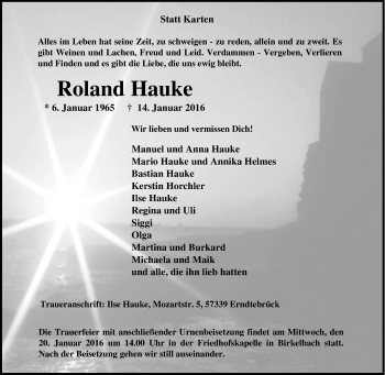 Traueranzeige von Roland Hauke von Tageszeitung