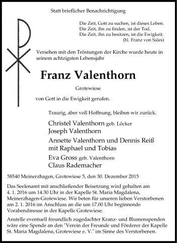 Traueranzeige von Franz Valenthorn von Tageszeitung