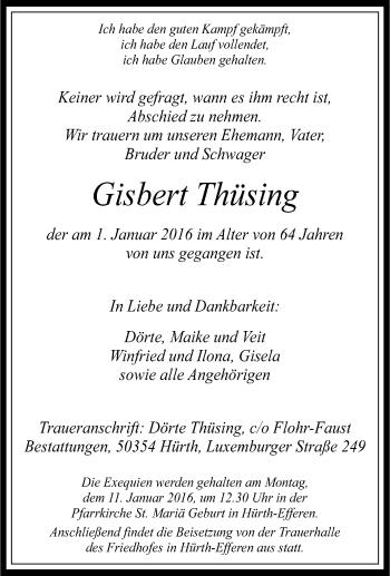 Traueranzeige von Gisbert Thüsing von Tageszeitung