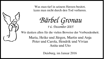 Traueranzeige von Bärbel Gronau von Tageszeitung