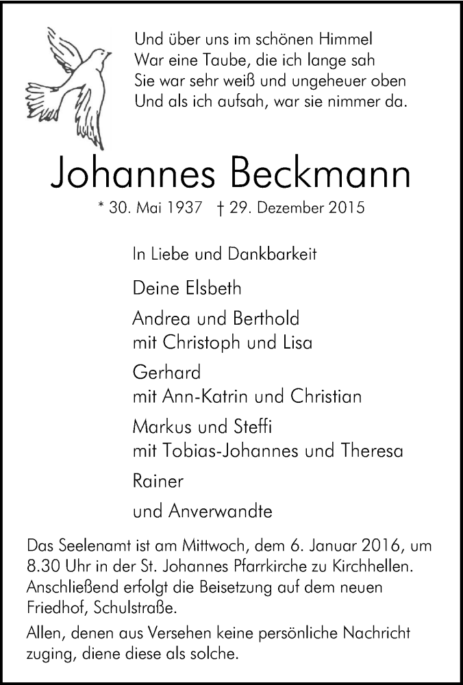  Traueranzeige für Johannes Beckmann vom 02.01.2016 aus Tageszeitung