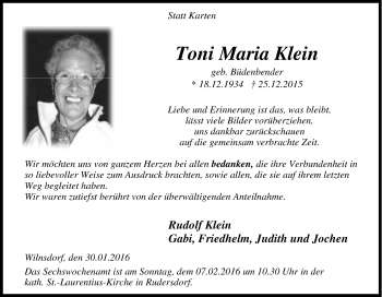 Traueranzeige von Toni Maria Klein von Tageszeitung