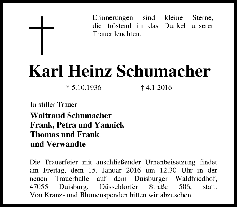  Traueranzeige für Karl Heinz Schumacher vom 08.01.2016 aus Tageszeitung