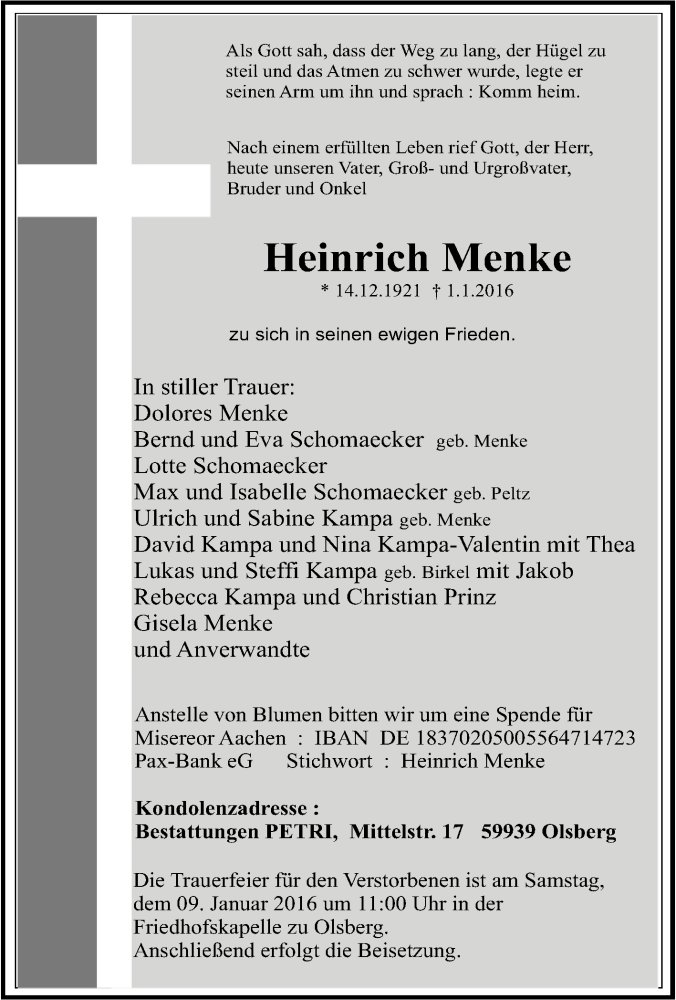 Traueranzeigen von Heinrich Menke TrauerinNRW.de